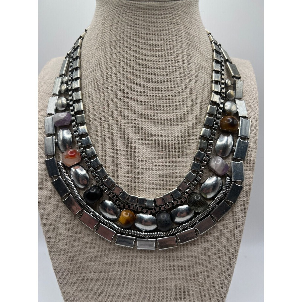 Bib Style Tiger Eye Amethyst Statement Necklace Boho Maximalist Silver Tone Boho